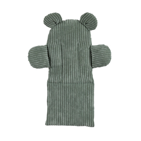 4. Flat lay of olive green corduroy seat cushion for baby swing with teddy bear ears and armrests, showcasing texture and design