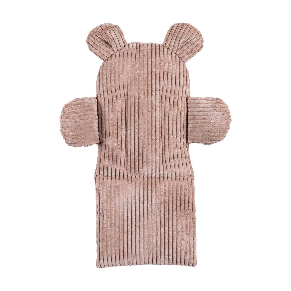 3. Close-up of pink powder corduroy teddy bear-shaped cushion for baby swing, highlighting texture and design.