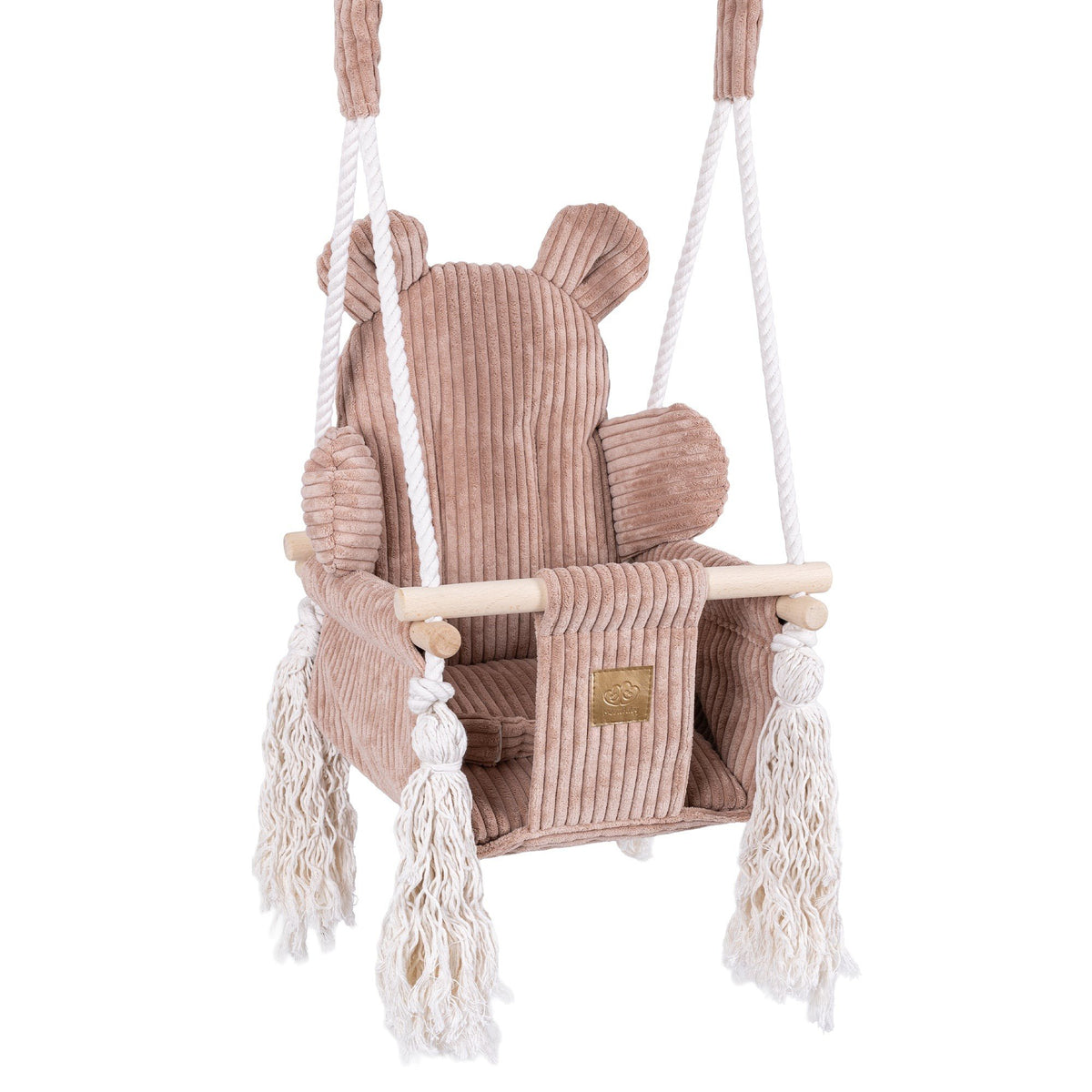 1. Pink powder teddy bear-themed indoor baby swing with corduroy seat, wooden base, and decorative fringes, designed for safety and comfort.