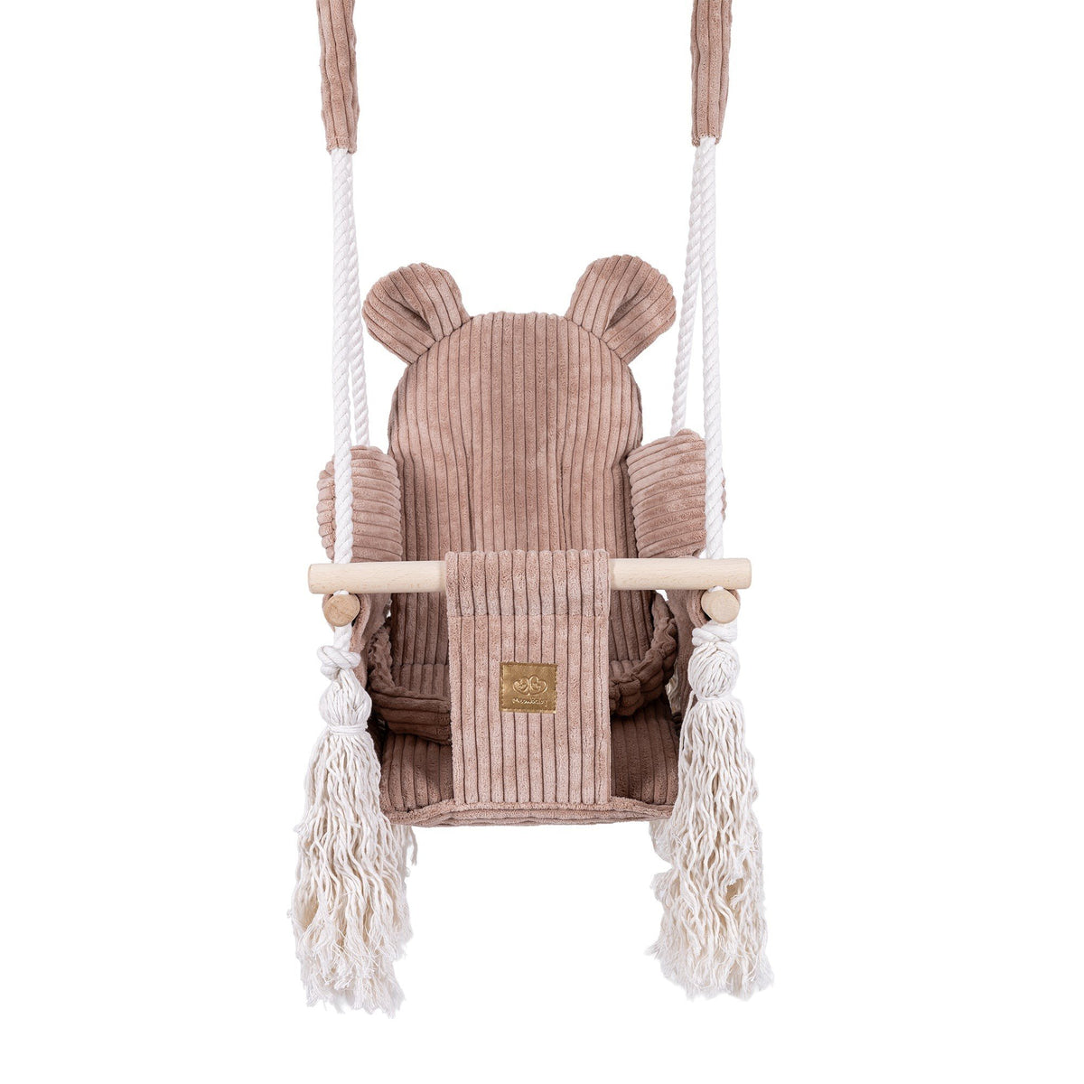 2. Front view of pink powder teddy bear-themed indoor baby swing with corduroy seat and wooden elements, featuring safety belt and fringes.