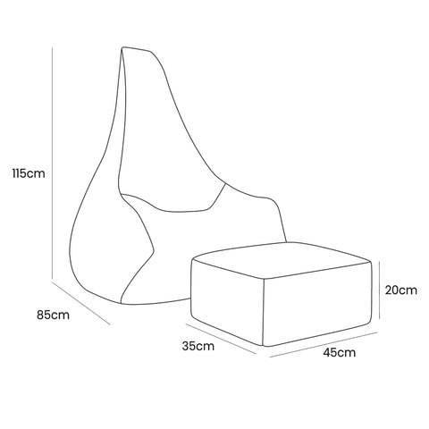 2. Size chart for taupe bean bag and footrest, showing dimensions in centimeters