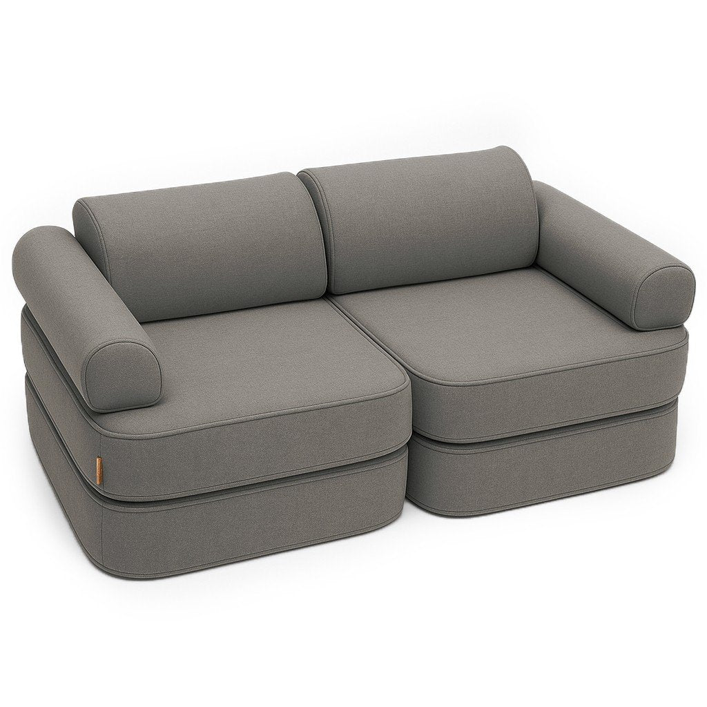 1. Clay taupe children's modular sofa with two double mattresses, two headrests, and two armrests, shown in a studio setting, ideal for indoor and outdoor use