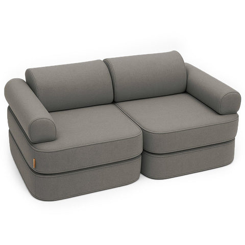 1. Clay taupe children's modular sofa with two double mattresses, two headrests, and two armrests, shown in a studio setting, ideal for indoor and outdoor use