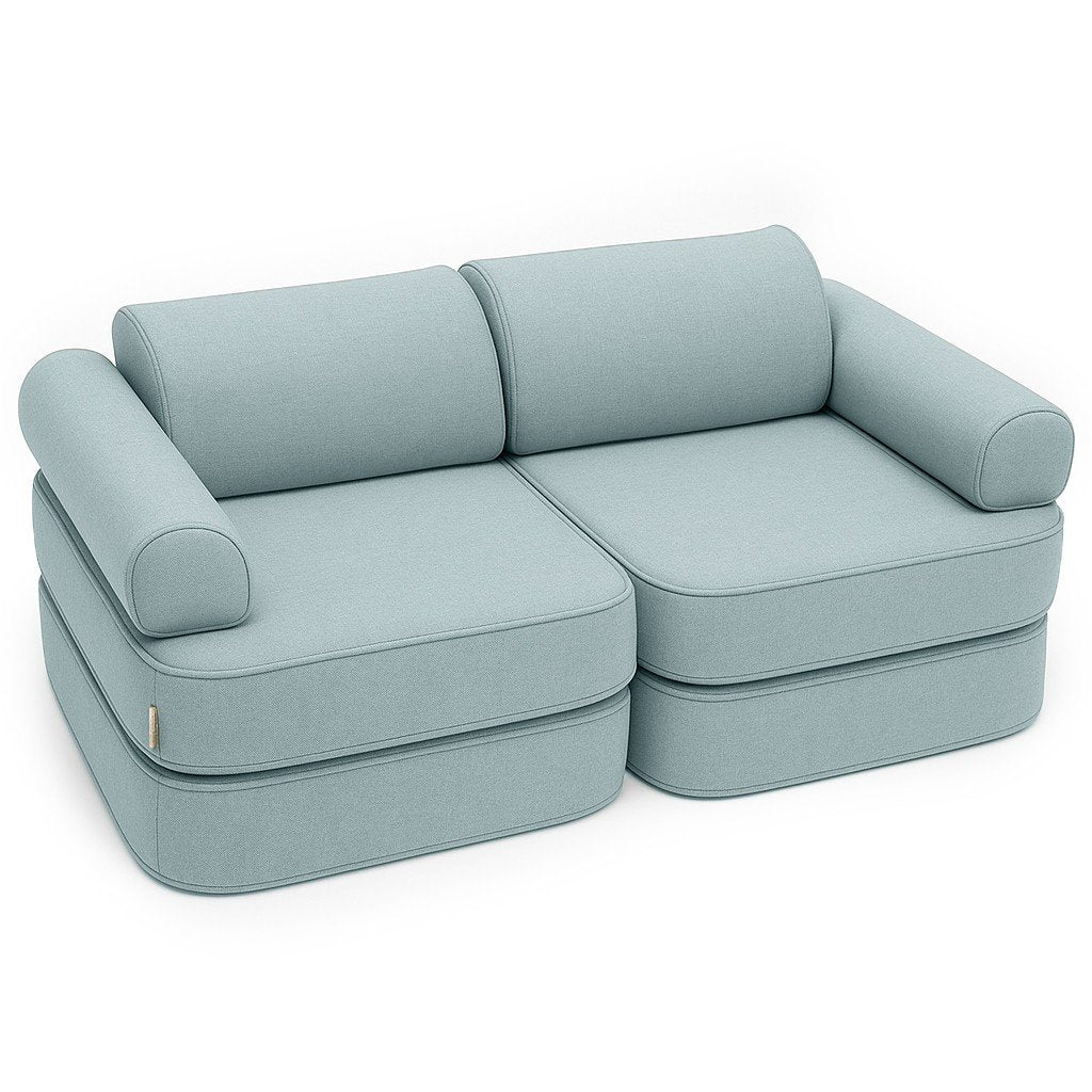 1. Children's modular sofa in cloudberry sky blue with two double mattresses, two headrests, and two armrests, suitable for indoor and outdoor use, shown in a studio setting
