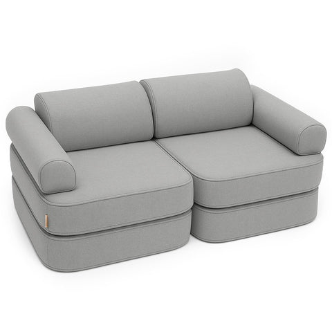 1. Fog grey modular children's sofa with two double mattresses, two headrests, and two armrests, shown in a studio setting, ideal for indoor and semi-outdoor use