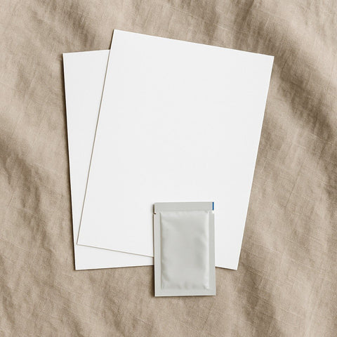4. Flat lay of Beebila ink-free print kit with two blank imprint papers and wipe on beige fabric
