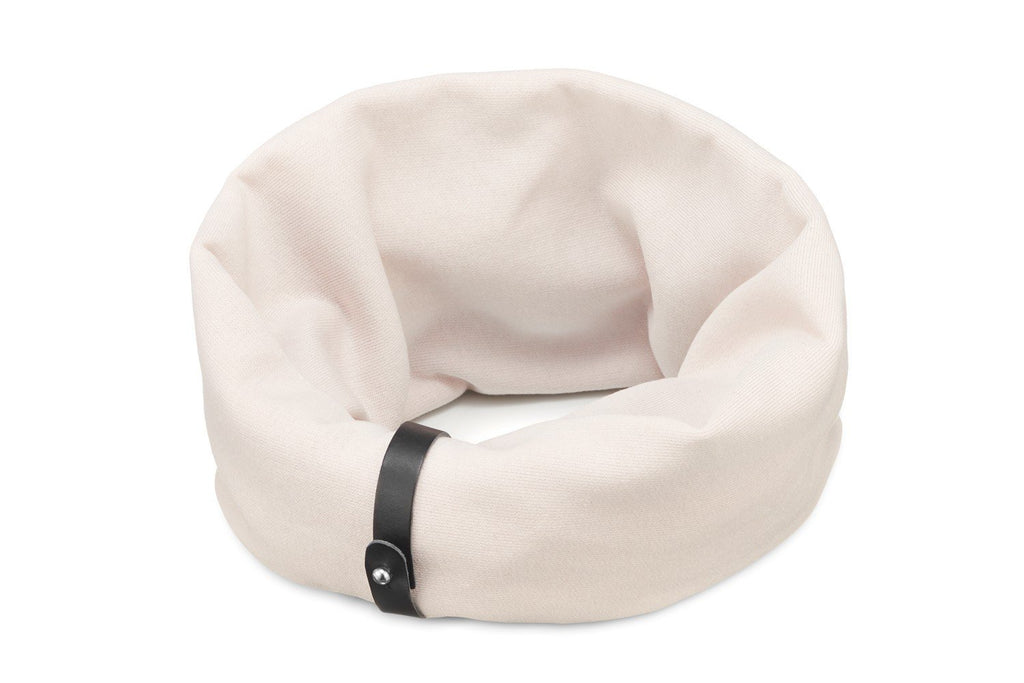 2. White sand dog neck warmer with black leather belt detail on clean white background
