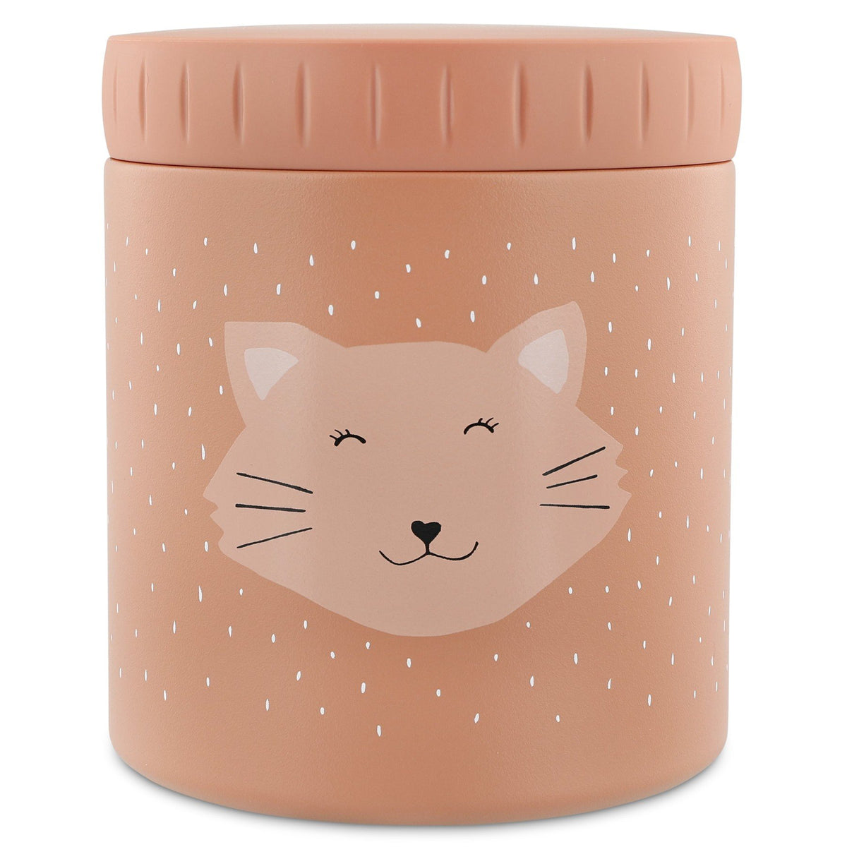 5. Studio shot of Trixie Baby insulated lunch pot featuring Mrs. Cat face design on peach background