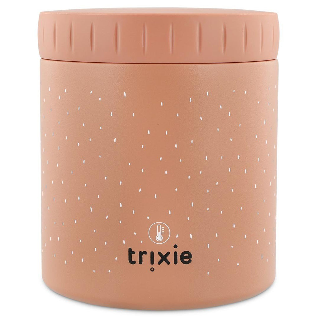 4. Studio shot of Trixie Baby insulated lunch pot with Mrs. Cat design, showing brand logo and textured surface