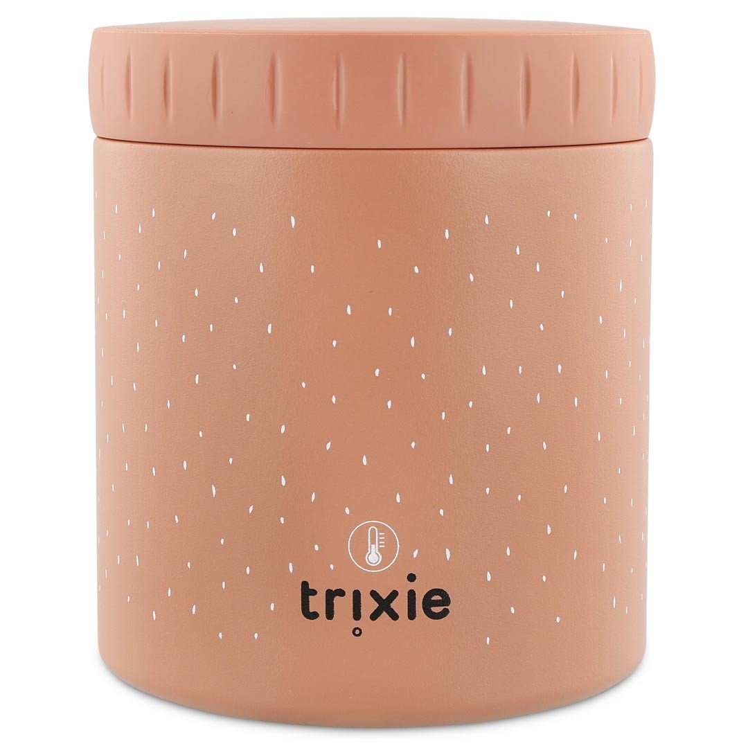 4. Studio shot of Trixie Baby insulated lunch pot with Mrs. Cat design, showing brand logo and textured surface