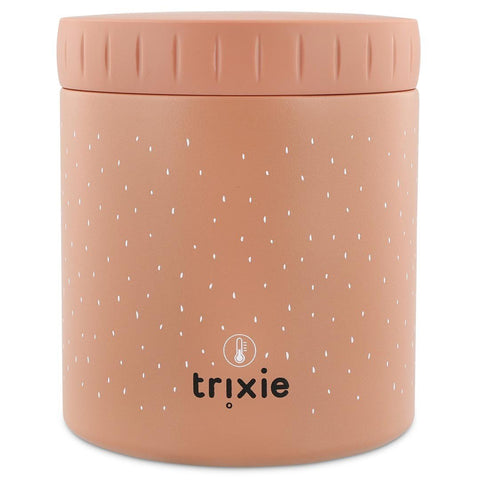 4. Studio shot of Trixie Baby insulated lunch pot with Mrs. Cat design, showing brand logo and textured surface