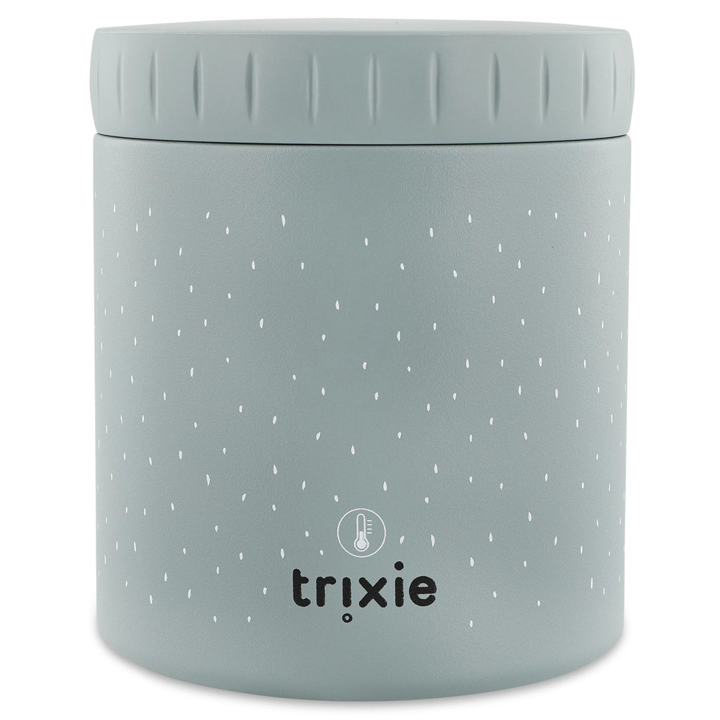 3. Back view of Trixie Baby Mr. Shark insulated lunch pot in light blue with brand logo and temperature icon