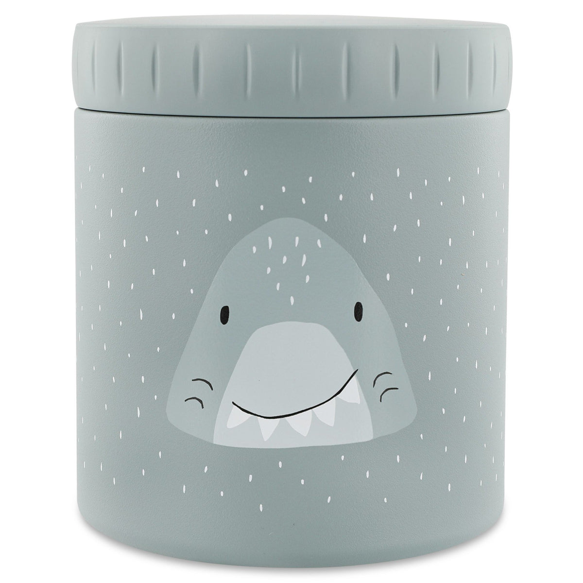 2. Trixie Baby Mr. Shark insulated lunch pot in light blue with shark face design on clean background