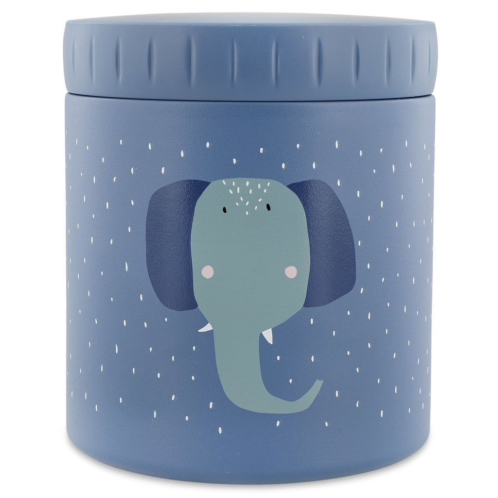 1. Blue insulated lunch pot with Mrs. Elephant design by Trixie Baby, featuring a cute elephant face and white dot pattern, 500ml capacity, made of stainless steel.