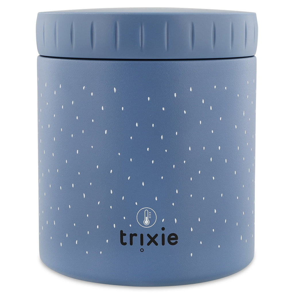 2. Blue insulated lunch pot by Trixie Baby with white dot pattern and brand logo, 500ml capacity, made of stainless steel, shown in studio setting.