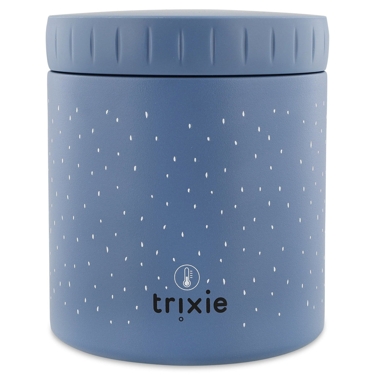 2. Blue insulated lunch pot by Trixie Baby with white dot pattern and brand logo, 500ml capacity, made of stainless steel, shown in studio setting.
