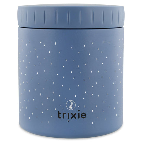 2. Blue insulated lunch pot by Trixie Baby with white dot pattern and brand logo, 500ml capacity, made of stainless steel, shown in studio setting.