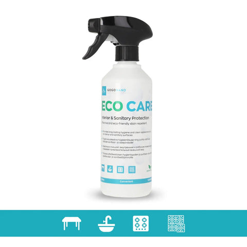 2. GoGoNano EcoCare 500ml bottle with black spray nozzle on white background, highlighting eco-friendly sanitary protection label