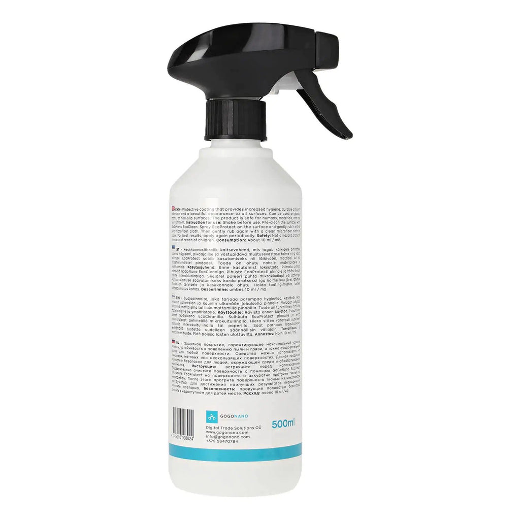 3. Back view of GoGoNano EcoCare 500ml bottle with detailed product information and black spray nozzle