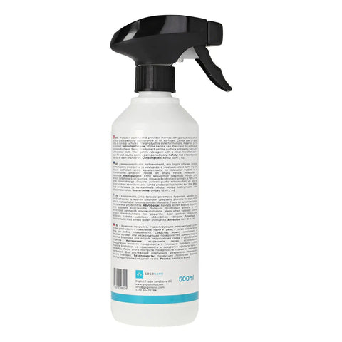 3. Back view of GoGoNano EcoCare 500ml bottle with detailed product information and black spray nozzle
