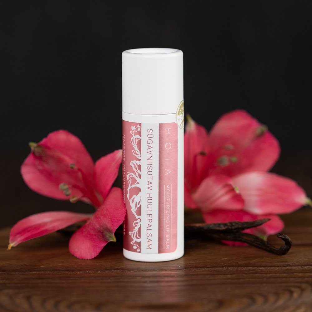 3. HOIA homespa deeply hydrating lip balm with pink flowers and vanilla pod, highlighting natural ingredients