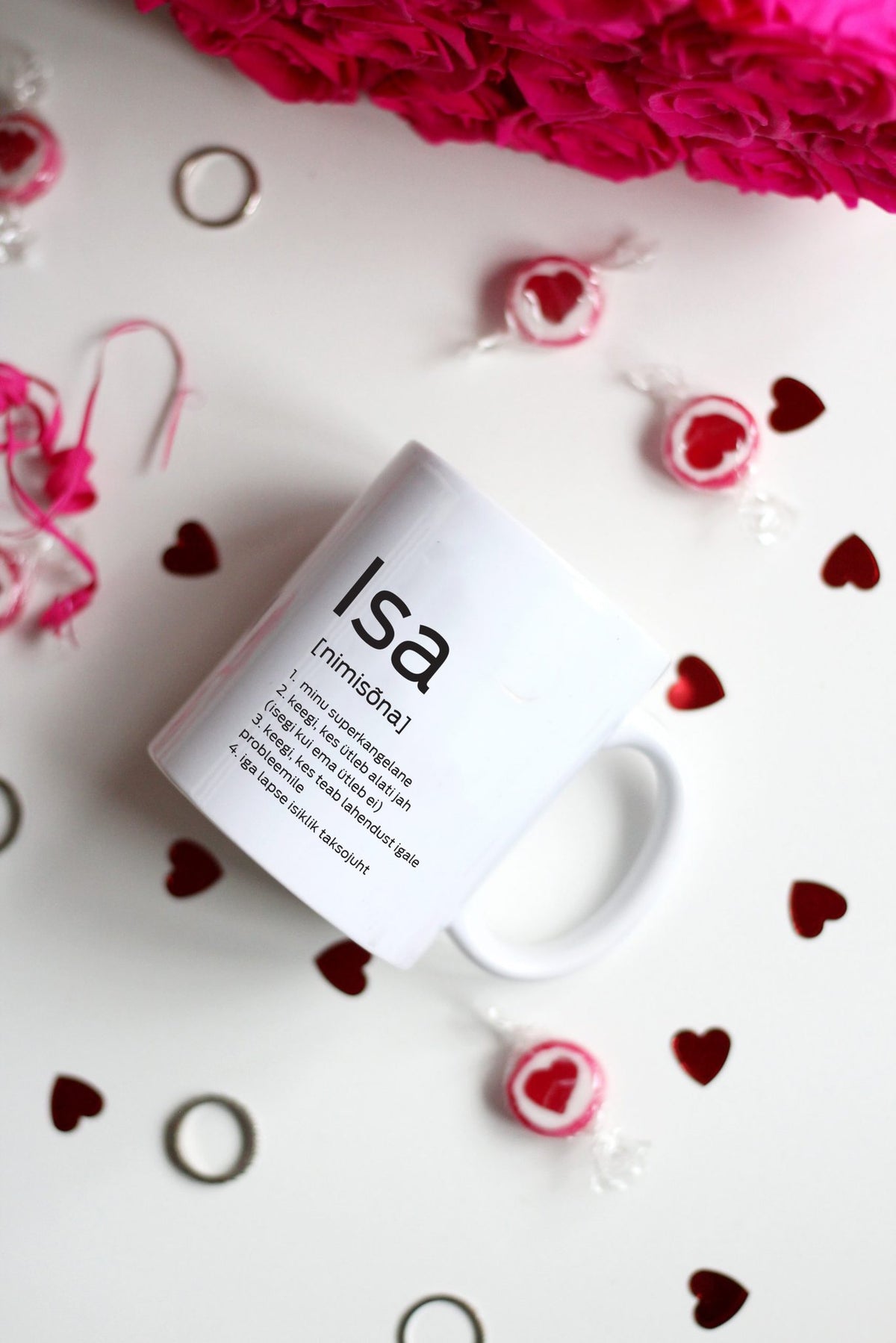 1. SEIK designer mug 'isa' with definition text, surrounded by heart-shaped decorations, perfect for Father's Day gift
