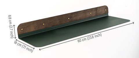 5. Size chart for 60 cm green wall-mounted shelf with dimensions in inches and centimeters