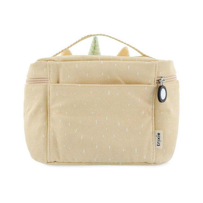 3. Back view of Trixie Baby Mrs. Unicorn thermal lunch bag in beige with additional pocket and Trixie logo tag
