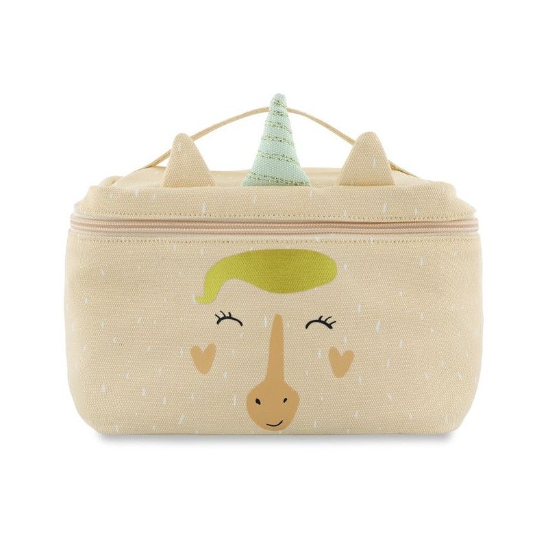 1. Trixie Baby Mrs. Unicorn thermal lunch bag with playful unicorn face design, featuring a beige color and green horn, shown with a handle on a white background