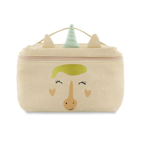 1. Trixie Baby Mrs. Unicorn thermal lunch bag with playful unicorn face design, featuring a beige color and green horn, shown with a handle on a white background