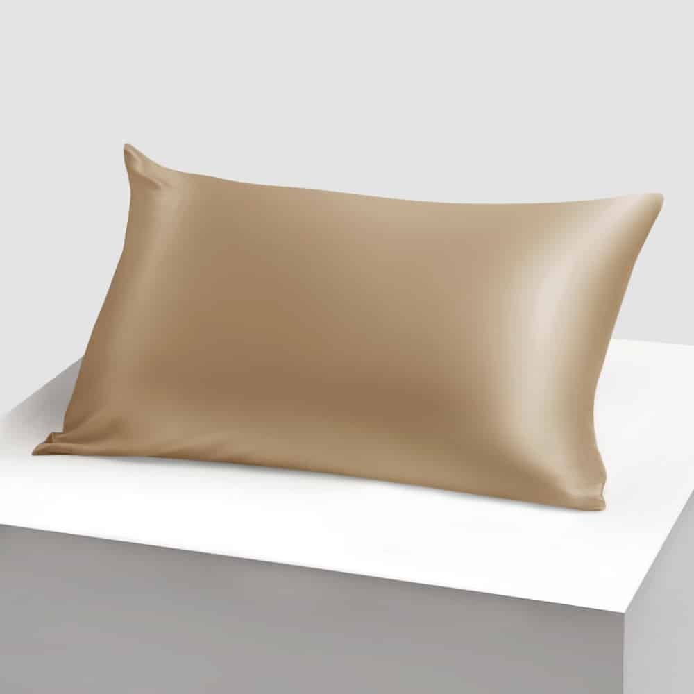 19. Single cappuccino silk pillowcase on white background, showcasing luxurious finish