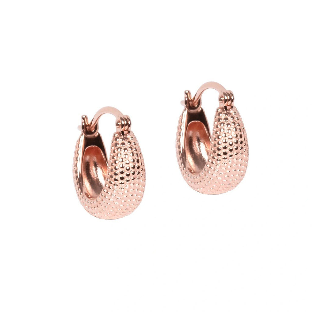 2. MyaMoon Juno Hoops M Earrings in rose gold plating, showcasing a textured design and comfortable click-through closure, studio shot