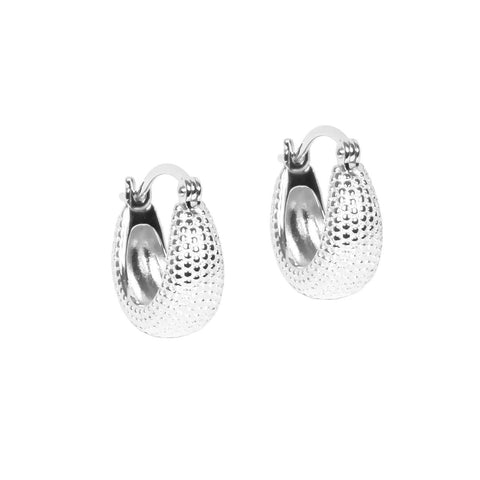 1. MyaMoon Juno Hoops M Earrings in silver-toned rhodium plating, featuring a textured design and easy click-through closure, studio shot