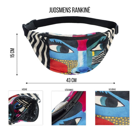 4. Size chart for Garbanota Fanny Pack Mermaid showing dimensions and close-up details