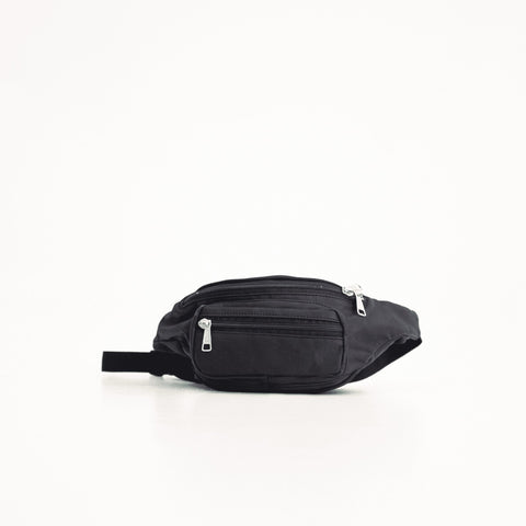 3. Studio shot of Papillon Leather Bum Bag No. 22 in black, showing front zipper pockets and adjustable strap