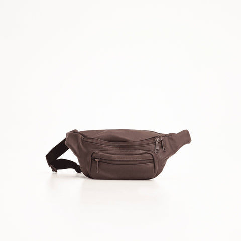 1. Papillon Leather Bum Bag No. 22 in brown, studio shot showing front with multiple zippered pockets and adjustable strap