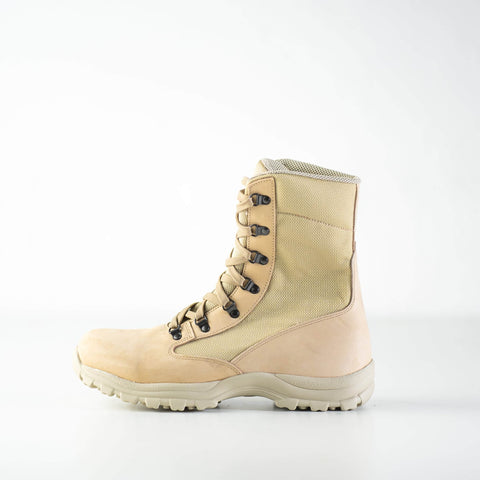 4. Studio image of beige Samelin 598 Desert Boots, highlighting water-repellent material