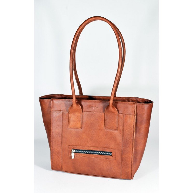 1. Papillon Leather Handbag No. 35-29 in cognac, featuring front zipper pocket, studio shot