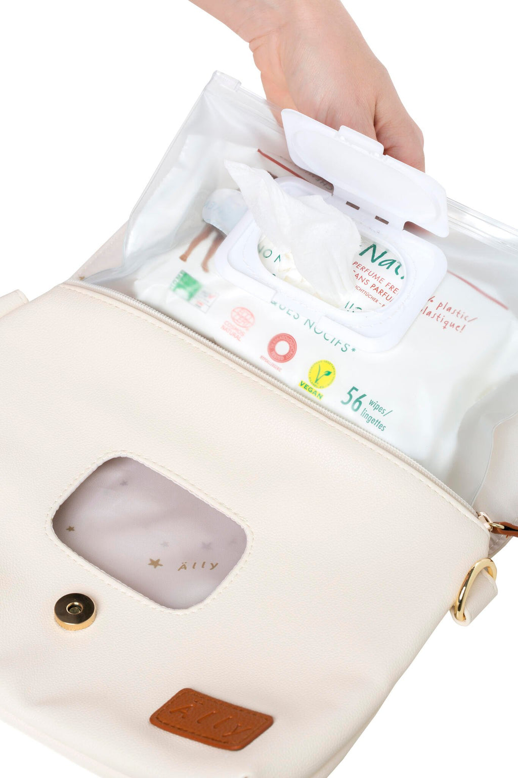 9. Close-up of Ally Scandic Älly Handbag in Cappuccino, showing wet wipes pocket and interior space