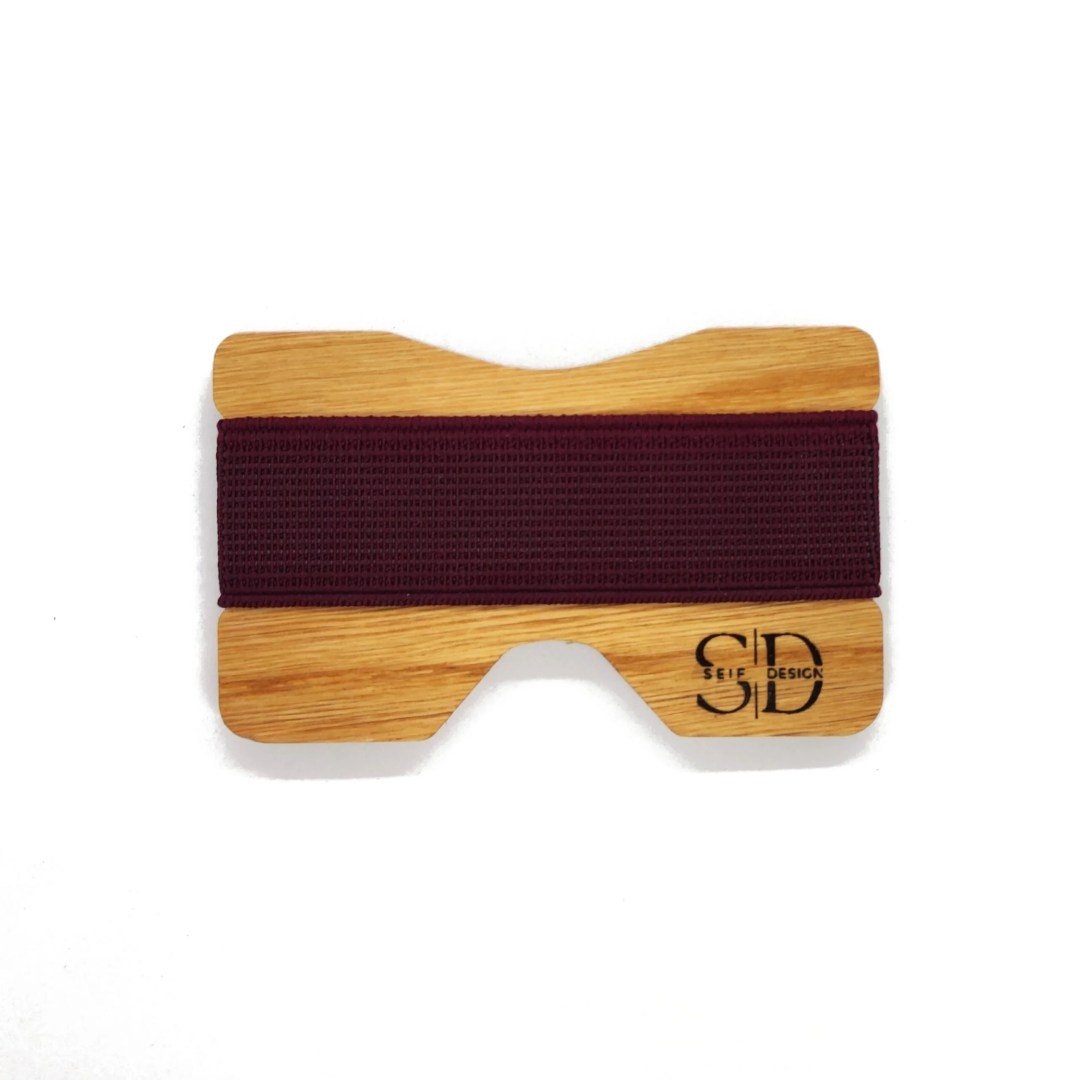 2. Oak card holder with purple elastic band by Seif Design, minimalist style with RFID protection, studio shot