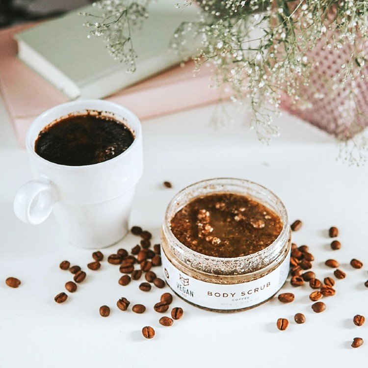 4. Vegan Fox Coffee Body Scrub with coffee beans and cup, emphasizing natural ingredients
