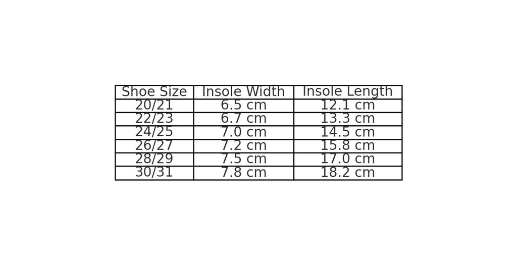 4. Size chart for KAKU children's slippers, showing insole width and length in cm for sizes 20/21 to 30/31