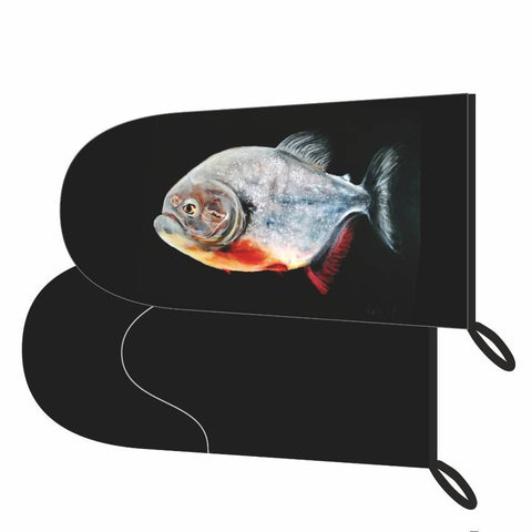 1. Black oven glove featuring a realistic fish painting inspired by Goya, with a dark background and loop for hanging