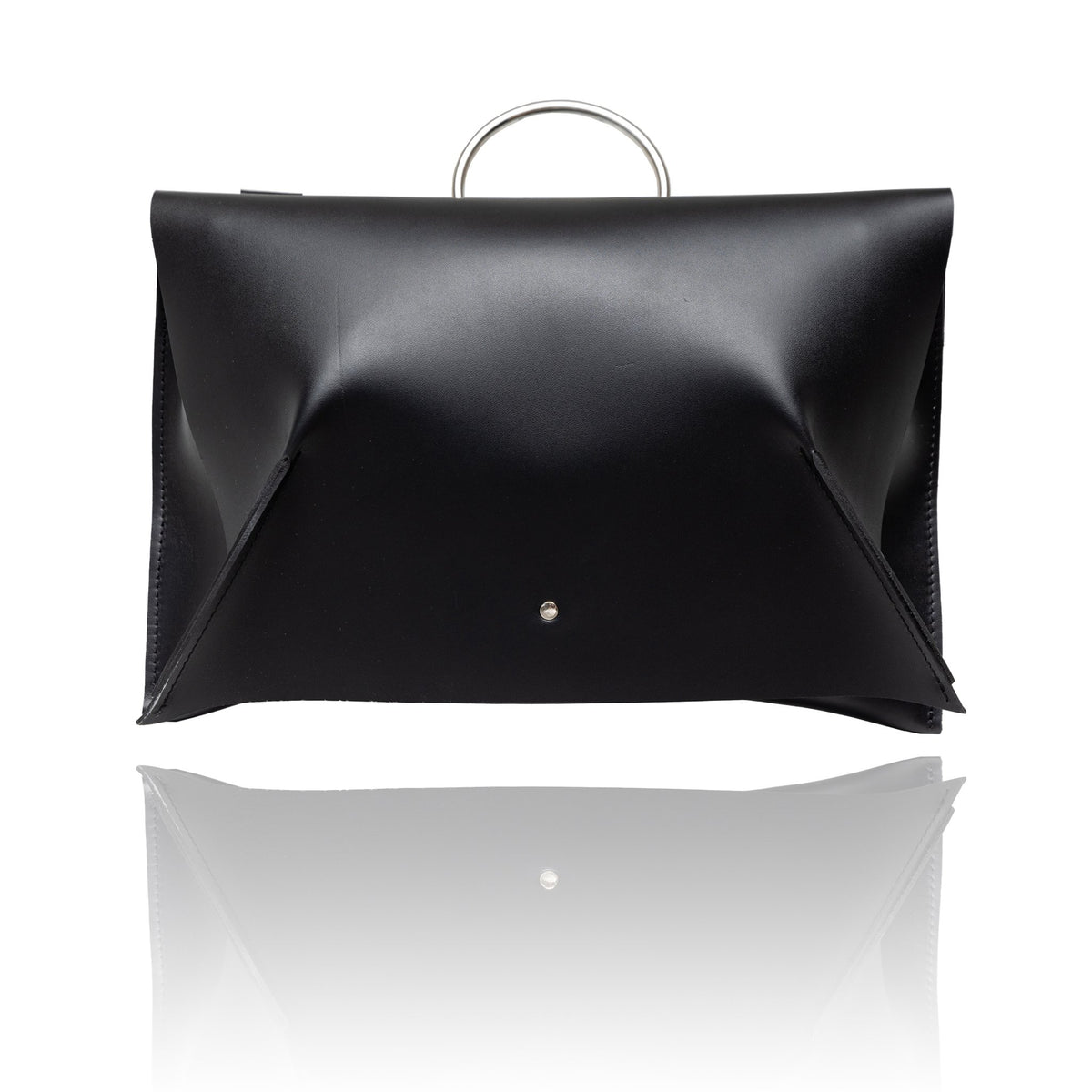 4. Front view of black leather Handbag Kamila by PYKOK, highlighting sleek design, studio shot