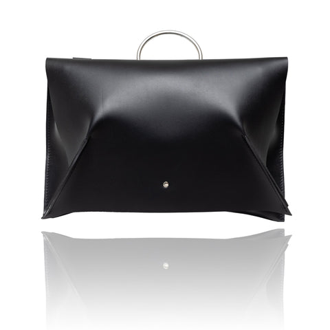 4. Front view of black leather Handbag Kamila by PYKOK, highlighting sleek design, studio shot