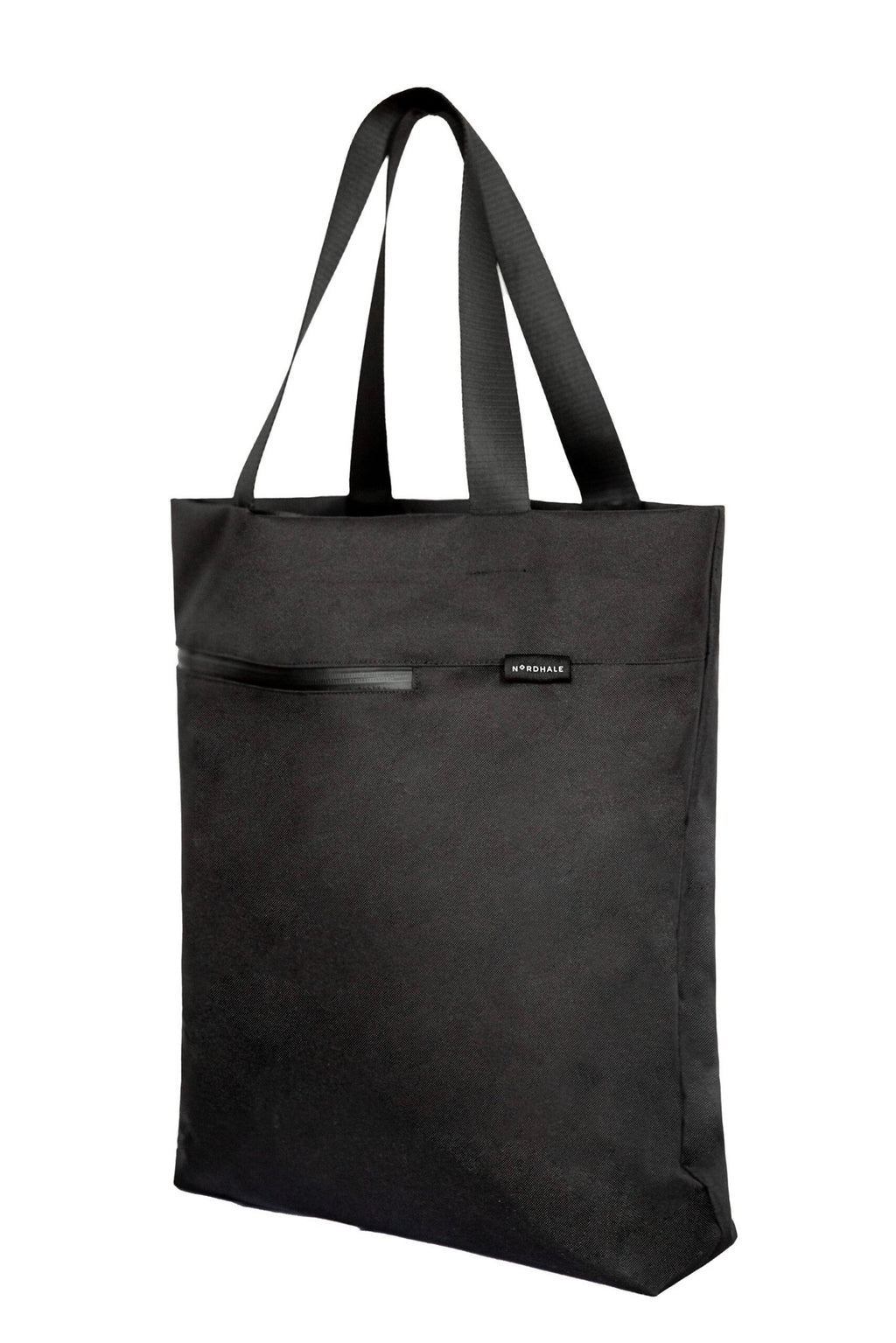 3. Studio image of Nordhale VIK Tote Bag in black, showing front view with YKK zipper pocket