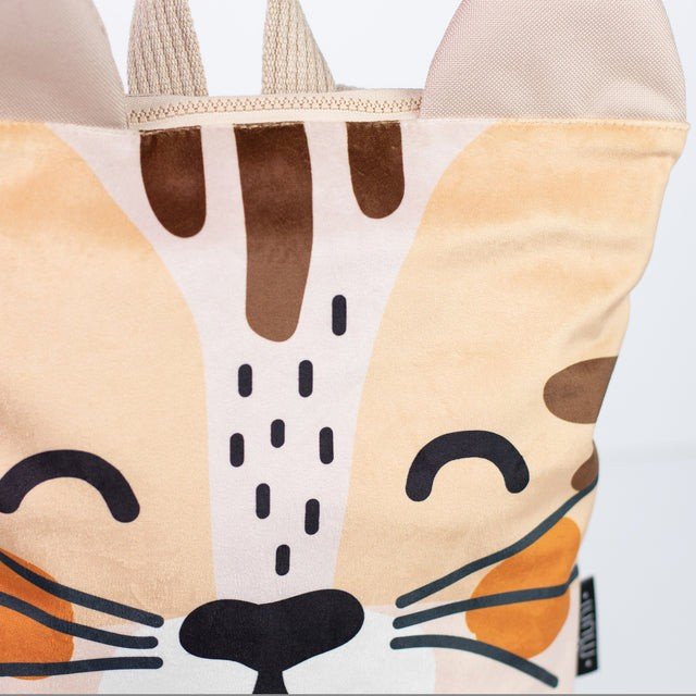 3. Close-up of MUNI cat backpack showing detailed cat face design with velvet texture
