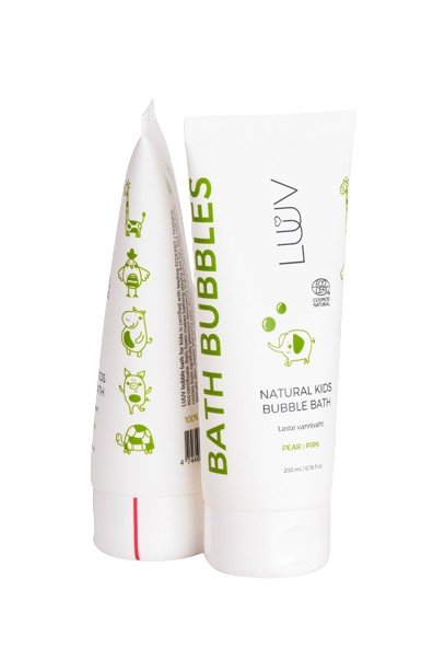 2. LUUV Natural Kids Bubble Bath in pear scent, 200ml, with playful green illustrations on white packaging