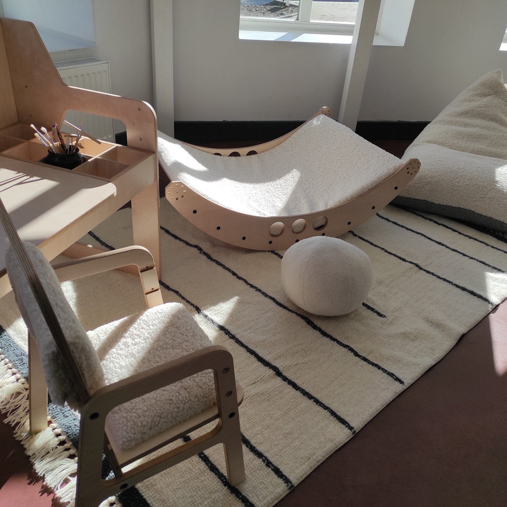 4. Luula Kids Bean Bag Chair in two-tone sherpa, flat lay showing elegant design