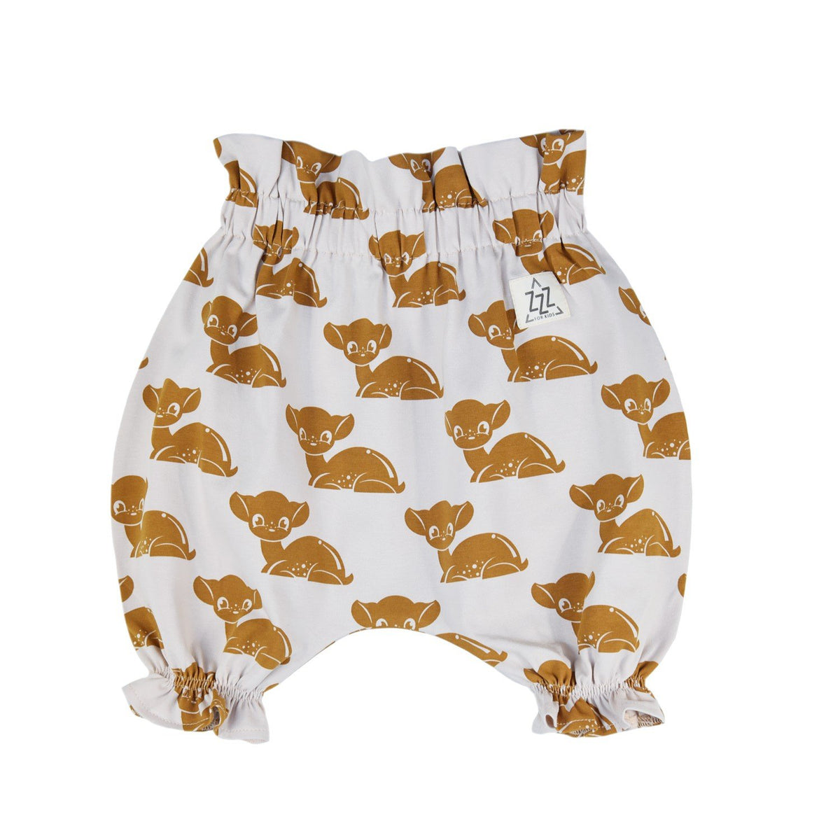 2. Kids bloomers with brown deer print on white cotton fabric featuring ruffled leg openings and elastic waistband, Zezuzulla brand logo visible, studio background